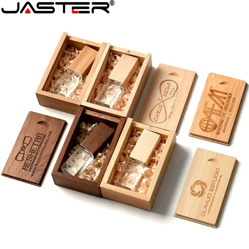 Crystal USB Flash Drives 128GB Free Custom Logo Memory Stick Photography Wedding Gift Pen Drive 64GB Wooden Box Pendrive 32GB