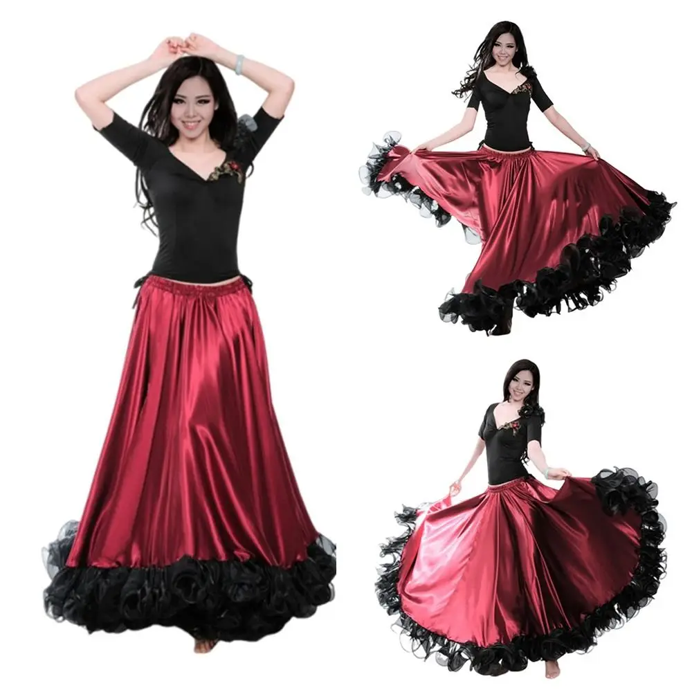 

Модная гладкая испанская юбка для фламенко из полиэстера, большие качели, большая распашная юбка, вечерние костюмы для бальных танцев, танца живота, женские костюмы