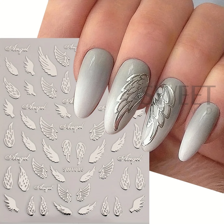 3pcs Bronzing Nail Stickers Y2K Angel Wings Star Moon Necklace Decals Sliver Gold Valentine's Lock Pattern Manicure Accessories