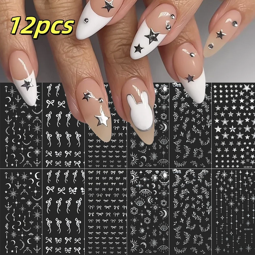 

12pcs 3D Metallic Silver Nail Art Sticker Star/Moon/Flower/Geometry/Line Design Nail Decals Pentagram Butterfly Nail Decoration*