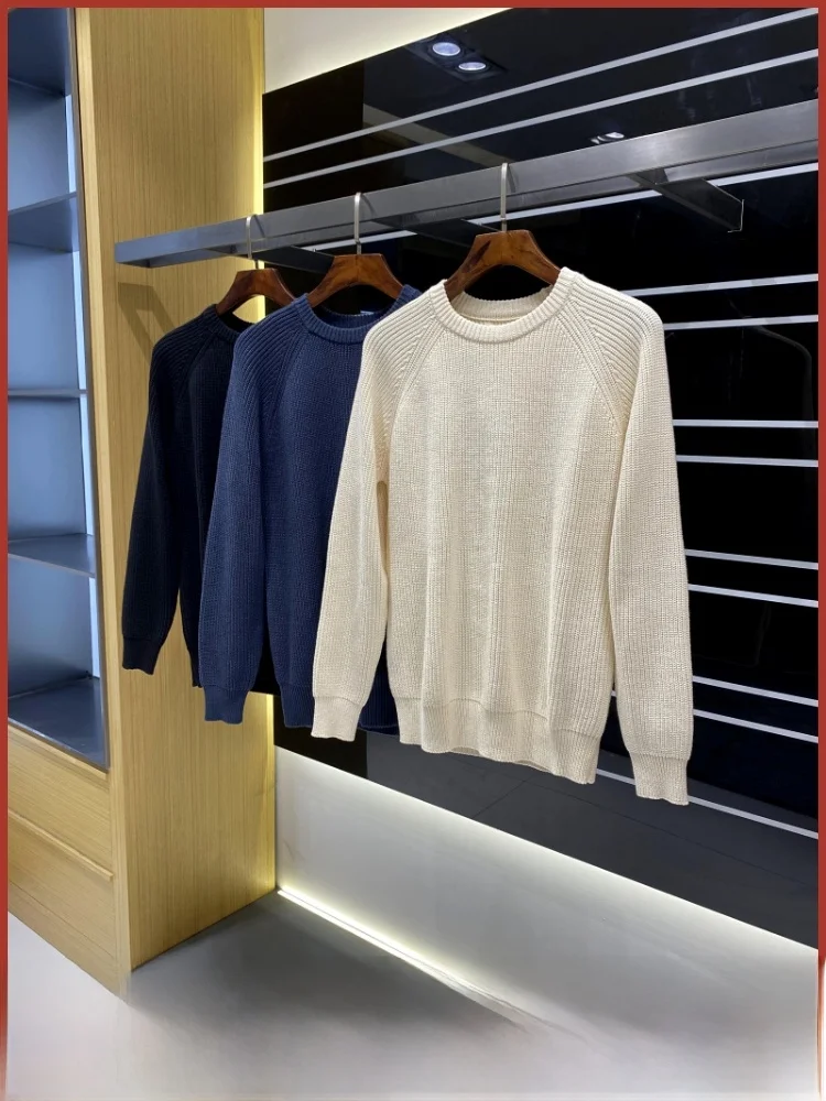 

Ele Thiened вязаный свитер из чистого хлопка, удобный теплый зимний мужской цветной круглый уютный трикотаж