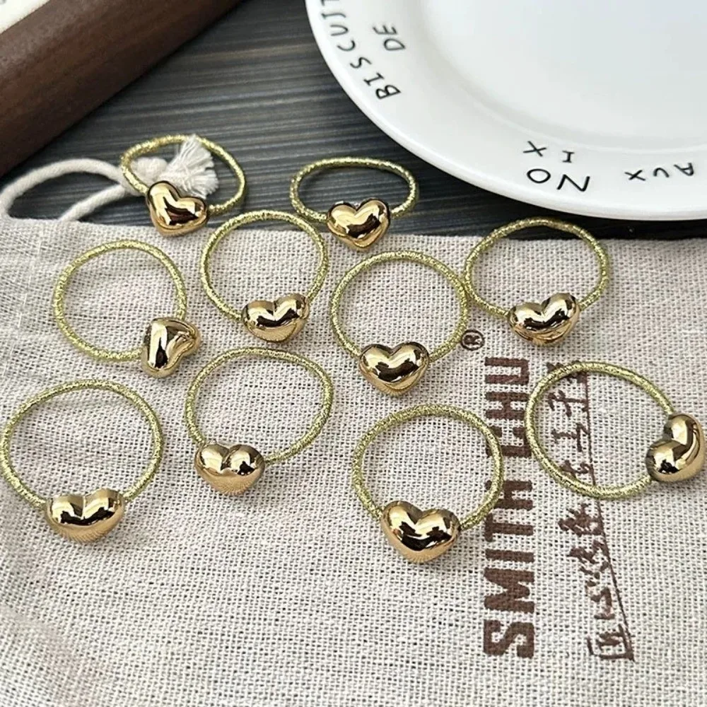 10pcs Gold White Children's Headband Set No Harm Heart Shaped Elastic Hair Tie Ponytail Holder Rubber Band