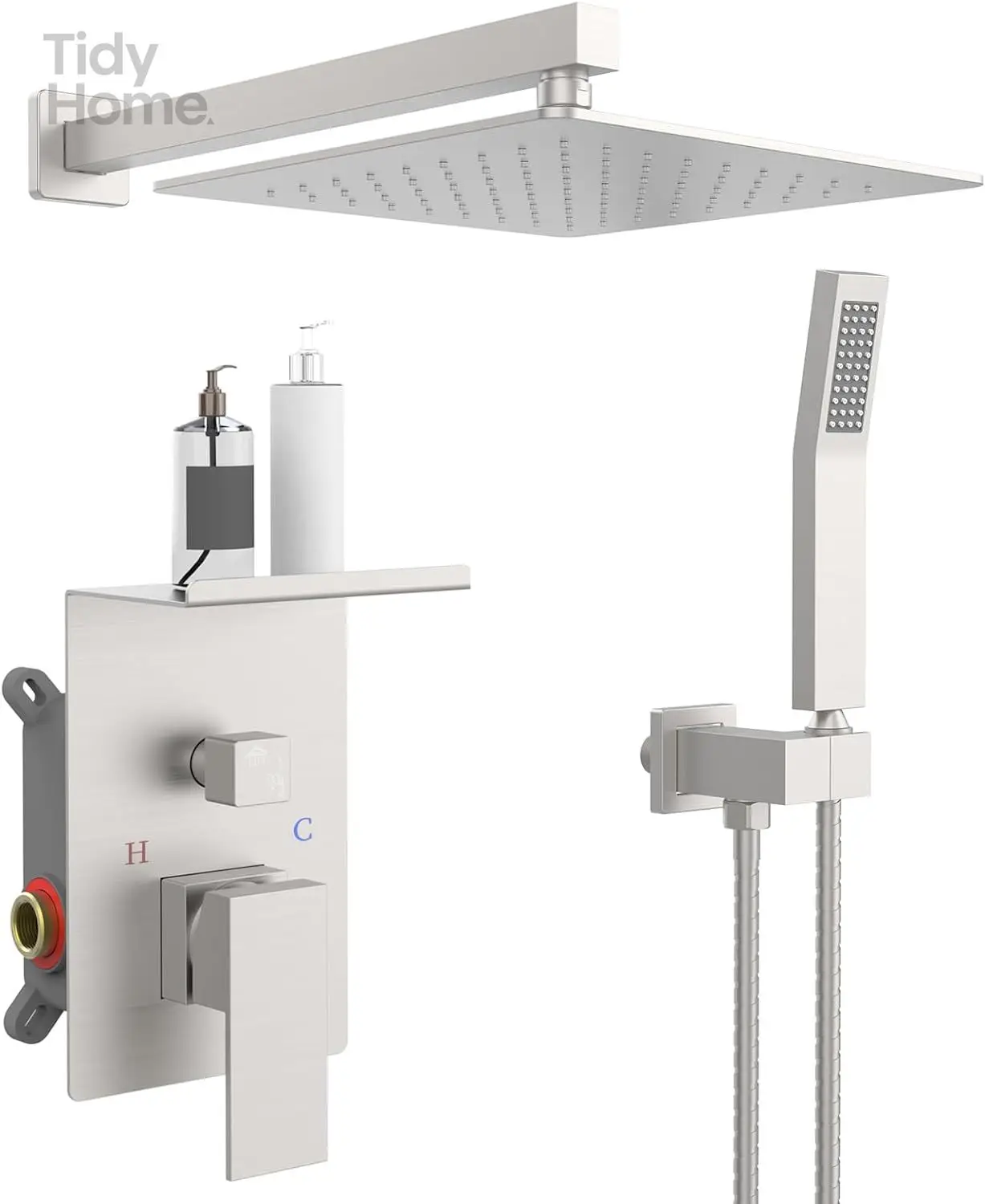 

Душевая система с дождевой полкой для хранения, 10-дюймовый набор смесителей для душа, матовый черный, высокого давления, с квадратной насадкой для душа