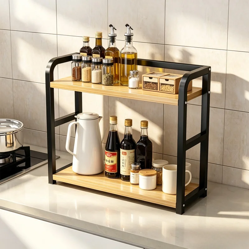 2‑Tier Metal Countertop Shelf, Space‑Saving Rustproof Kitchen Counter Organizer for Coffee Mugs, Spice Jars & Condiment Storage