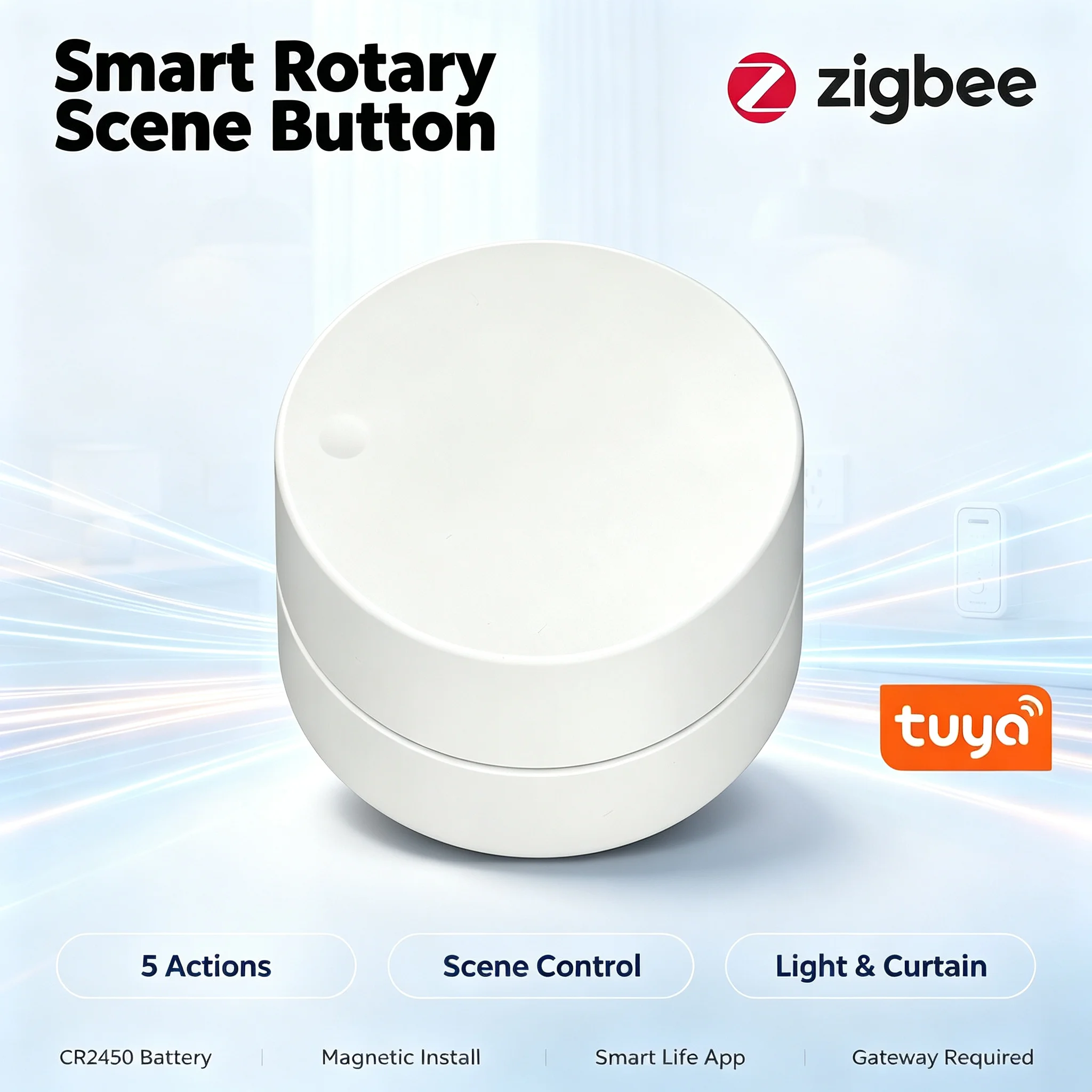 Tuya ZigBee Smart Rotary Scene Switch 5 Actions Button CR2450 Magnetic Mount Smart Life App Home Controller Gateway Required