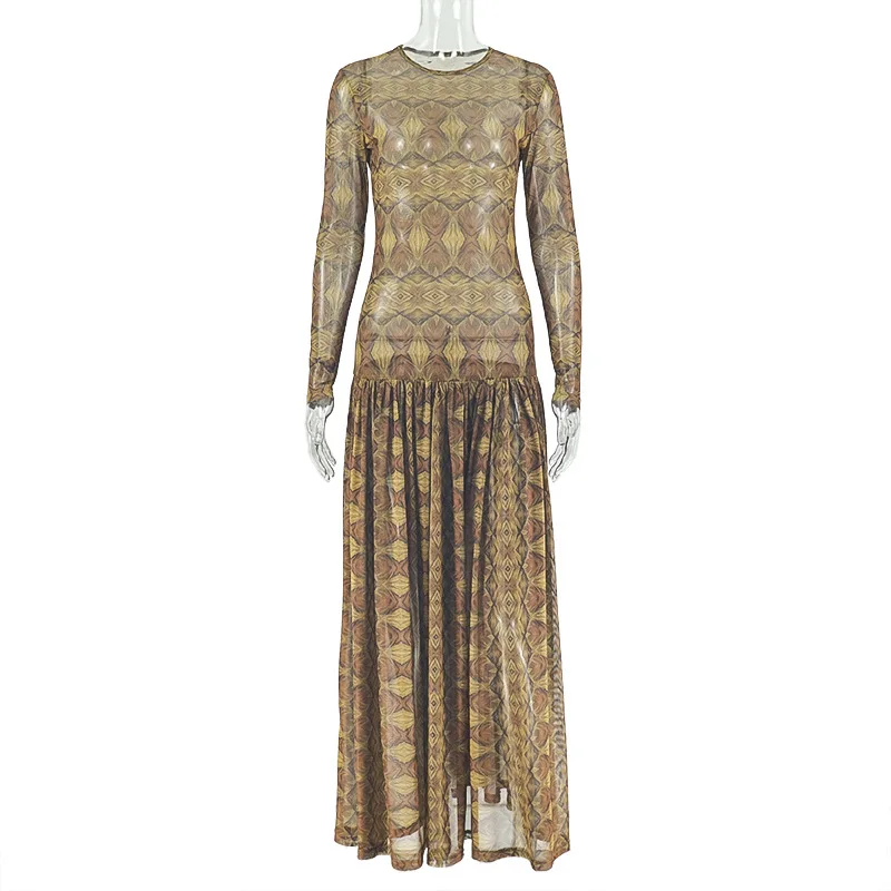 DSMTRC Bohemian Style Women Autumn Holiday Maxi Dress Geometric Printed Ligh Brown Long Sleeve Dresses See-through Sheer Vestido