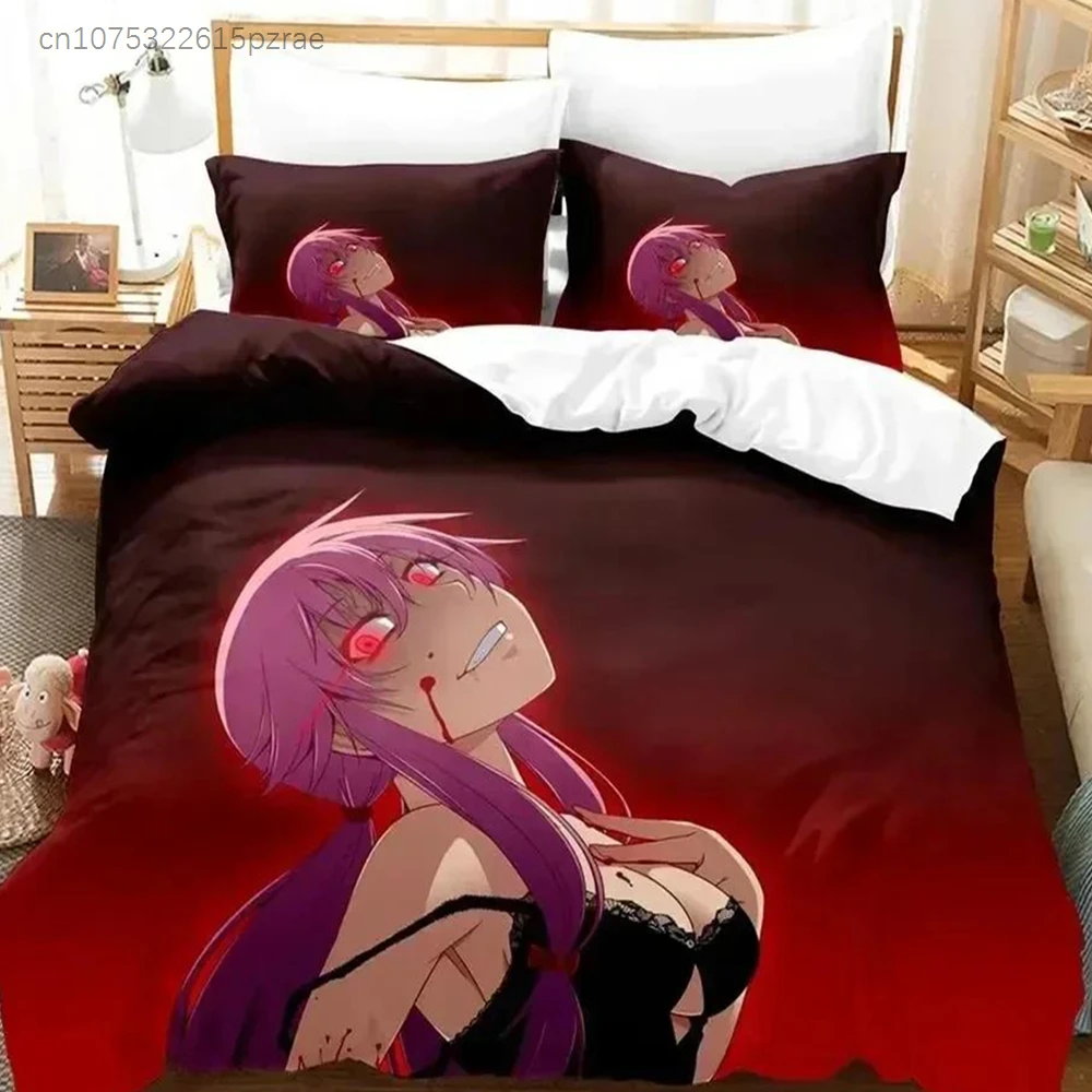 Kawaii Anime Future Diary Yuno Gasai Bedding Set Printed With Pillowcase Bed Duvet Cover Soft Queen King Size Bedclothes Home