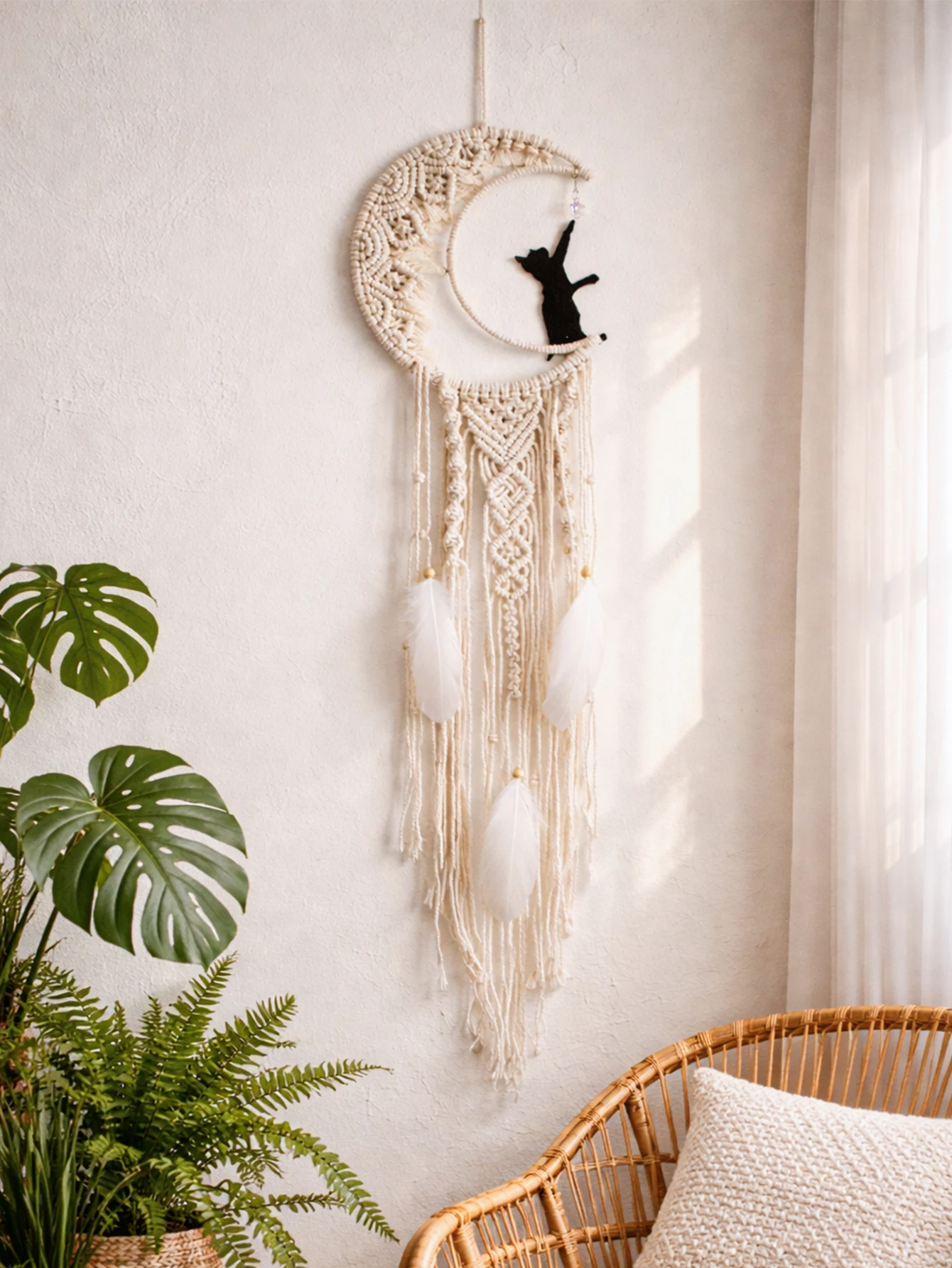 Boho Macrame Moon Cat Dreamcatcher Wall Hanging, Handmade Cotton Woven Art Tapestry with Feathers for Bedroom Nursery Decor Gift