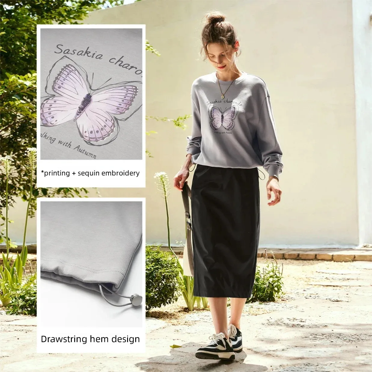 OLrain Women Gray Butterfly Graphic Print Sweatshirt 2026 New Casual Loose Drawstring Hem Long Sleeve Pullover Top O57QR83913