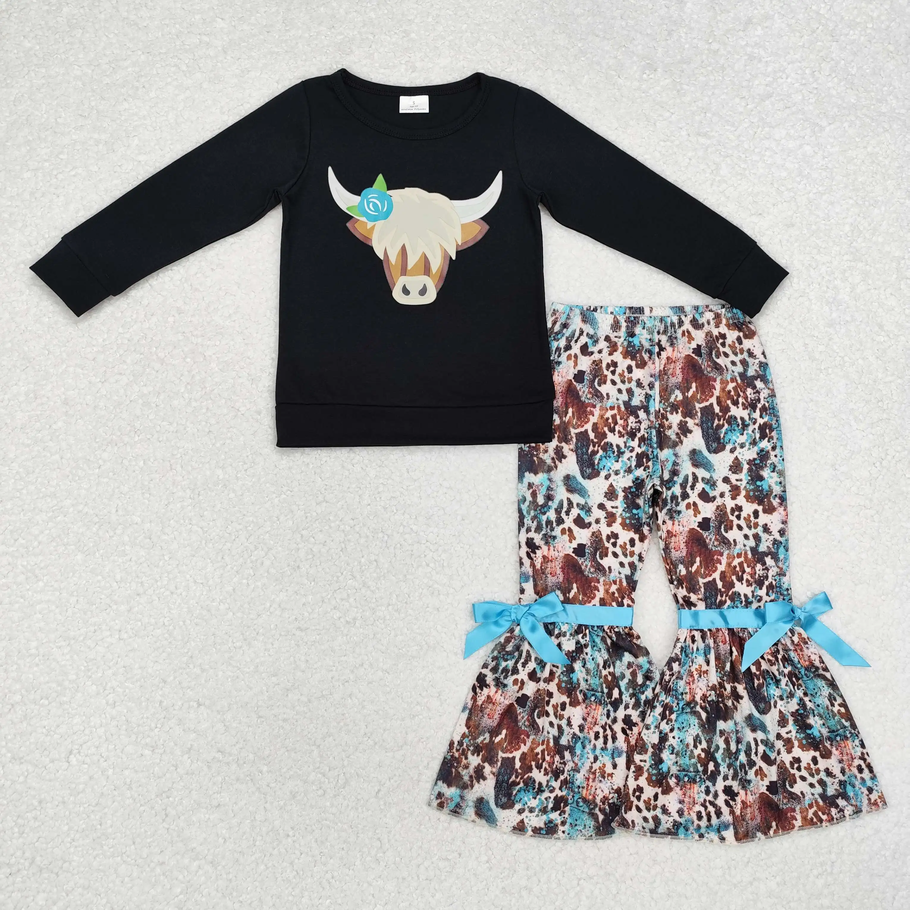 

GLP1871 Offset printing, alpine bull head ink pattern, black long-sleeved trousers suit, black cotton