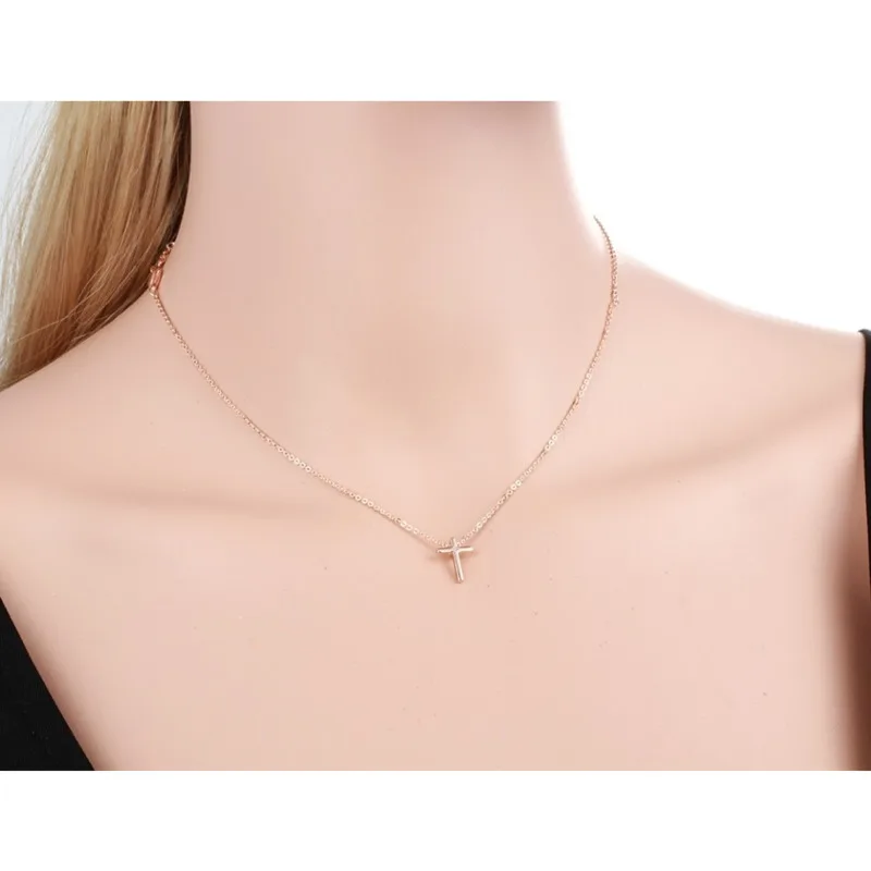 Cute Slim Yellow Rose White Gold Color Tiny Small Cross Charm Pendant Necklace Short Chain Chokers Necklaces Women Girls Jewelry