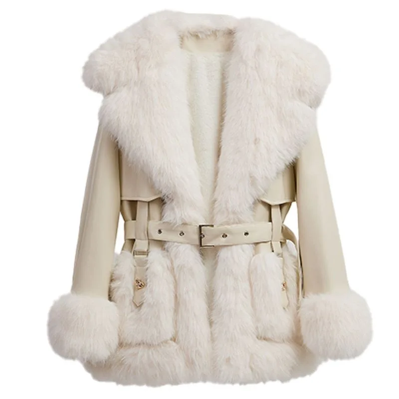 

Пальто из искусственного меха Женская меховая куртка средней длины с карманом на поясе Большой меховой отложной воротник с длинными рукавами Свободная посадка Повседневная осень-зима 2025