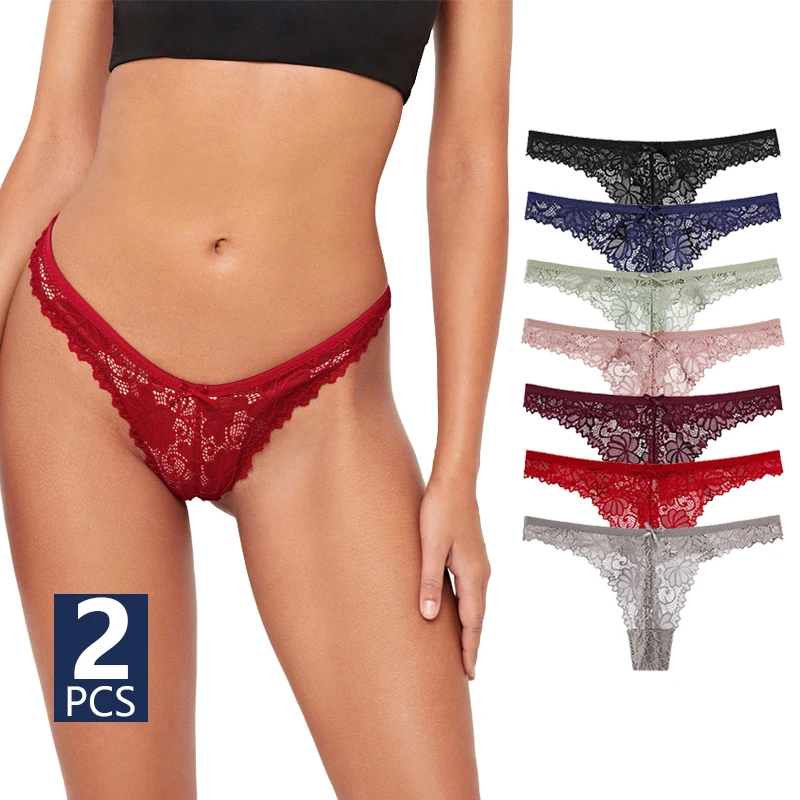 

2Pcs Lace Thongs Panty Underwear Transparent Sexy Panties Breathable Soft Lingerie Women Briefs S-XL