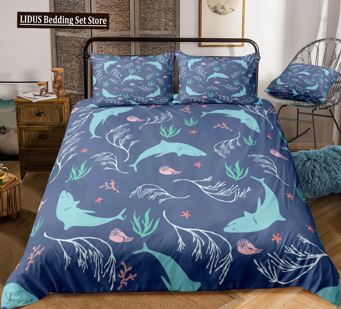 Ocean Duvet Cover Set Blue Whale Bedding Set Sea Animal Bed Linen Striped Beds Set Boys Teens Home Textile Microfiber Bedclothes