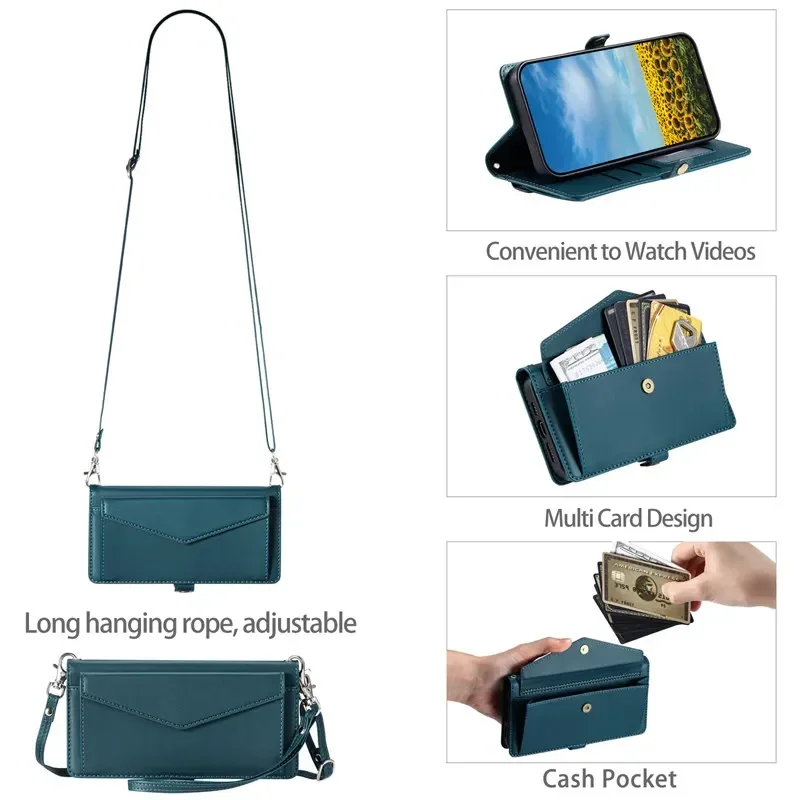 Flip Leather Phone Case for Samsung Galaxy S24 Ultra S23 FE S22 S21 S20 S10 Plus Note 20 10 9 8 Long Lanyard Wallet Card Cover