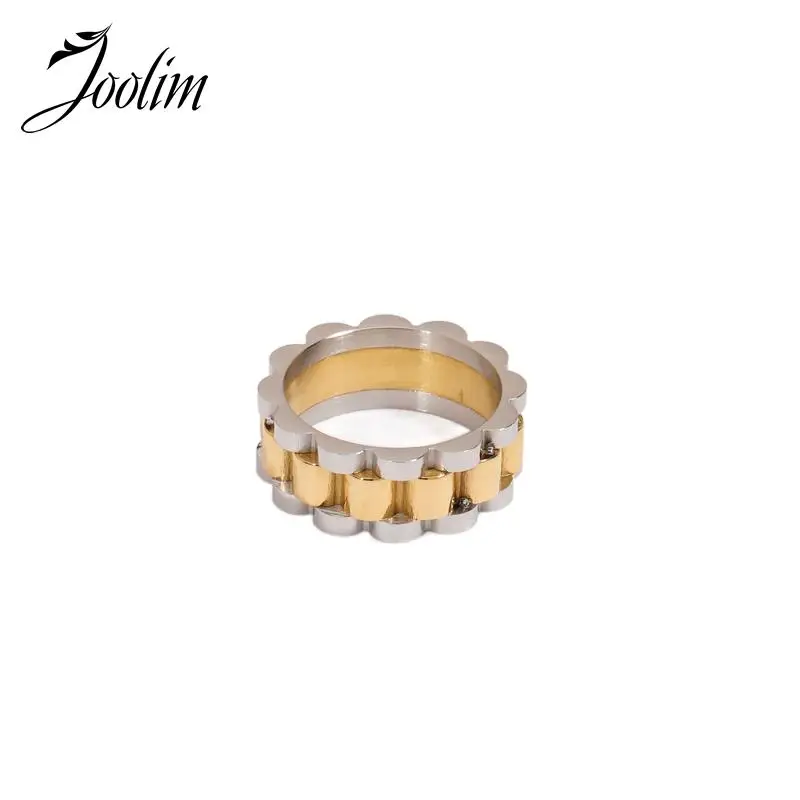 Joolim Jewelry Wholesale High End PVD Fashion Waterproof Classic Two-tone Matching Tank Chain Stainless Steel Ring For Women