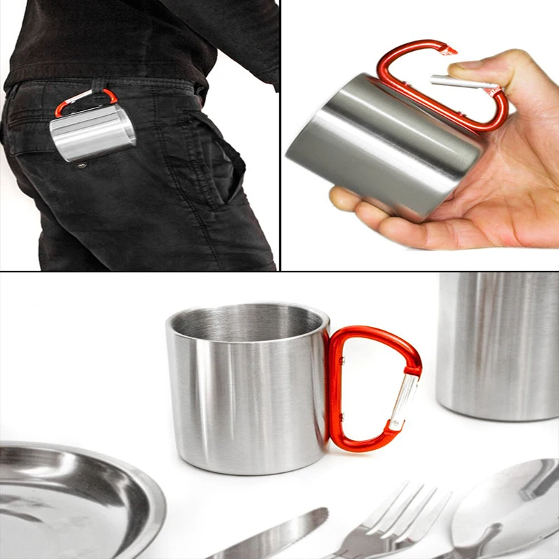 Taza de acampada al aire libre compacta y ligera de 200 ML con mango de mosquetón de tornillo de acero inoxidable para el trabajo de senderismo y Trekking