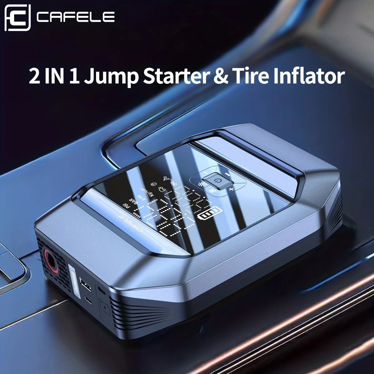 12V Air Compressor Portable Car Tyre Inflator Jump Starter Flashlight Power Bank 4 IN 1 Wireless Digital Air Pump For Auto Home