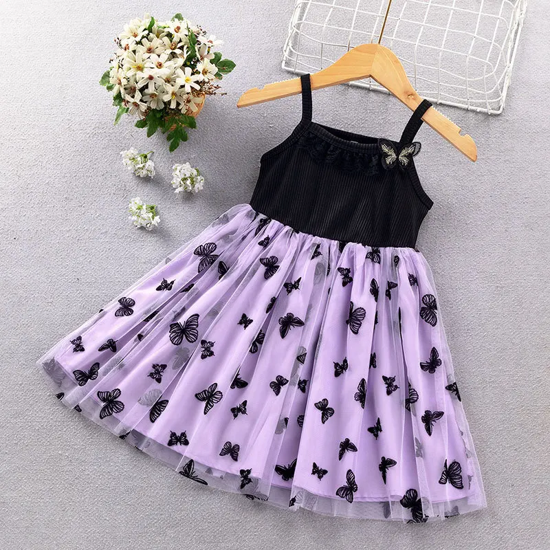 2024 New Summer Cute 3D Small Butterfly Dress for Girls Children Mesh Color Block Tank Top dress 2-8T