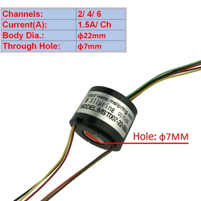 Through-hole electric slip ring Conductive ring brush Hollow shaft  with hole Dia.7mm 220v 2A 2/4/6 channels  SRT007-22-04U