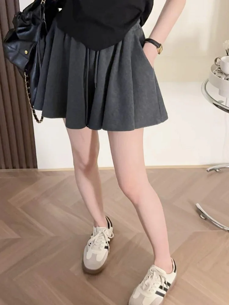 

High Waist Thin Short Pants Women's Casual Sporty Ballet Style Skirt Grey A-Line Wide Leg Pants Summer Fashion Set