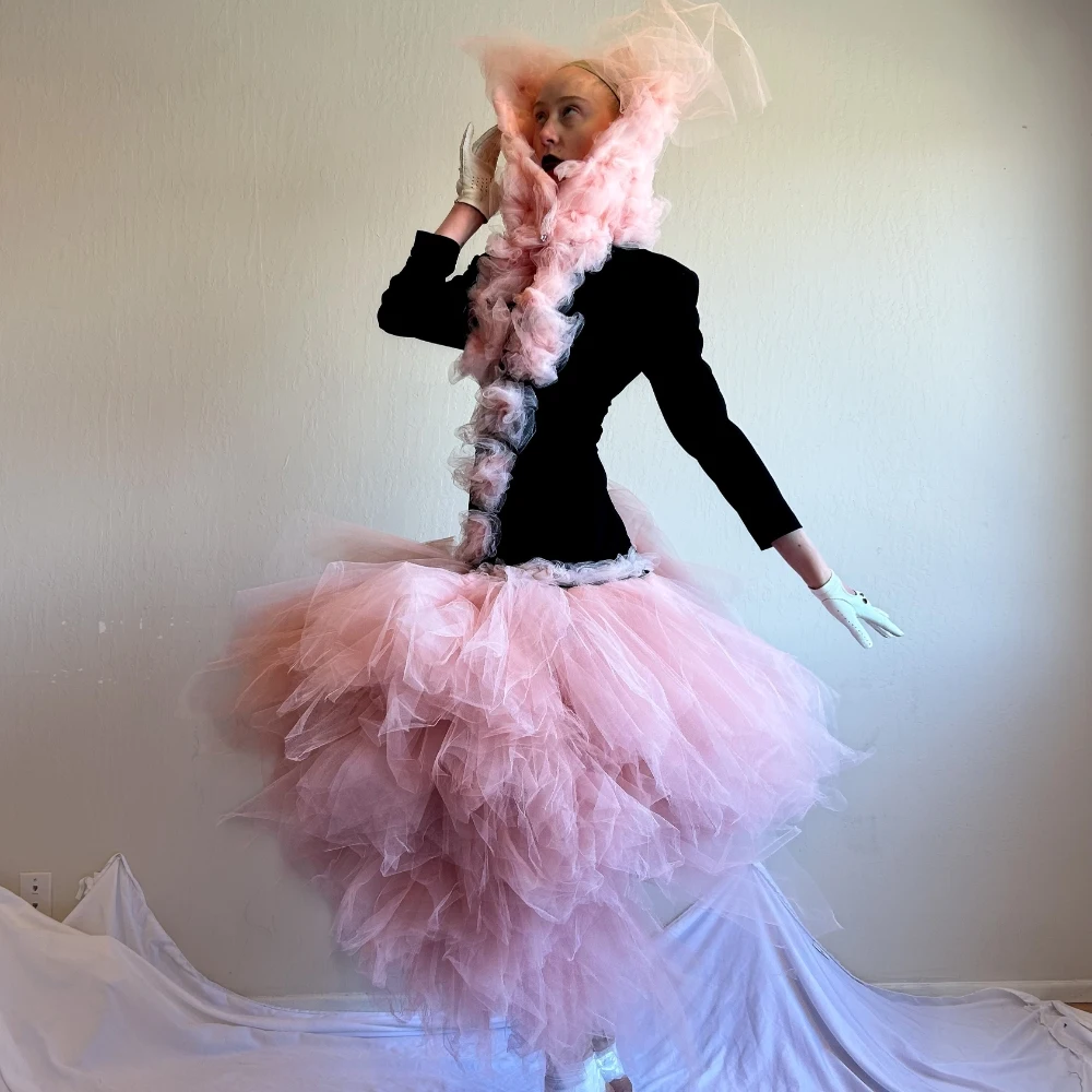 Women's High Waist Pink Tulle Tutu Skirt, Layered Ruffle Balloon Ball Gown, A-Line Fluffy Voluminous Cloud Fairy Maxi Skirts