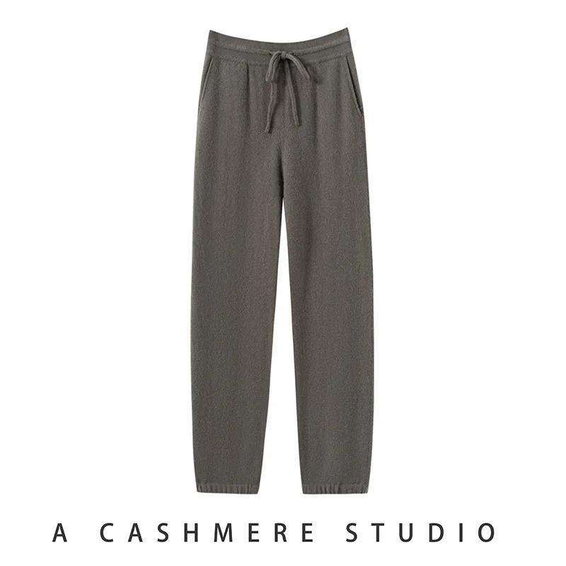 

2025 Sporty Casual Warm 100% Cashmere Women Soft Side Pockets Elastic Waist Cuffed Pants Autumn Winter Trendy Knit Bottoms