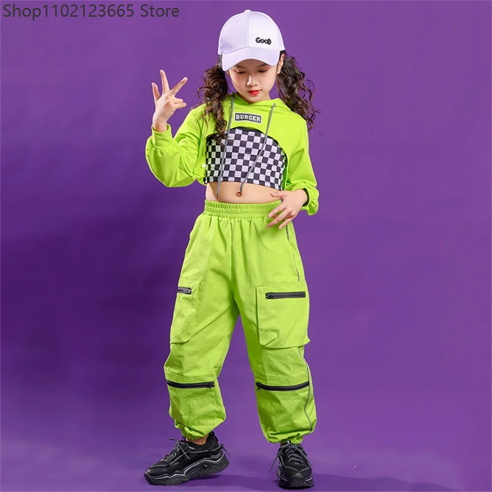 

2026 Chica Jazz Dancing Costumes Fashion Cool Green Sweatshirt Crop Top Pants Set Hip Hop Jazz Street Dance Performance Costumes