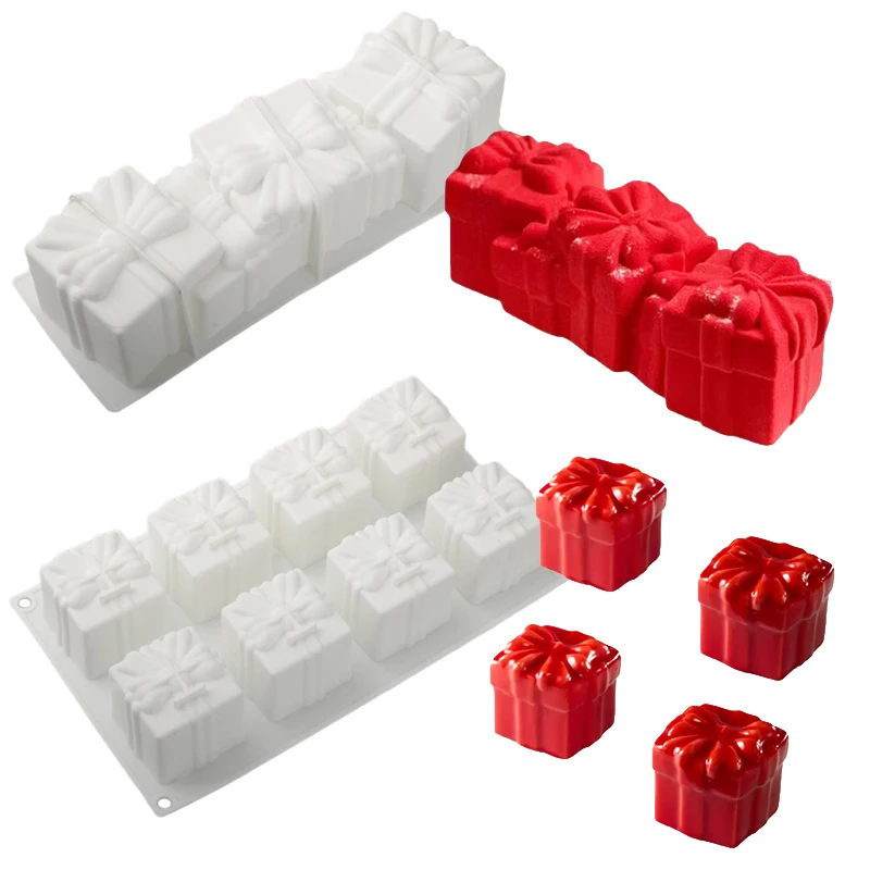 8-Kavität oder lange Weihnachts geschenk box Design Mousse Kuchen form Silikon Kuchen Backform Weihnachten Französisch Mousse Dessert Werkzeuge