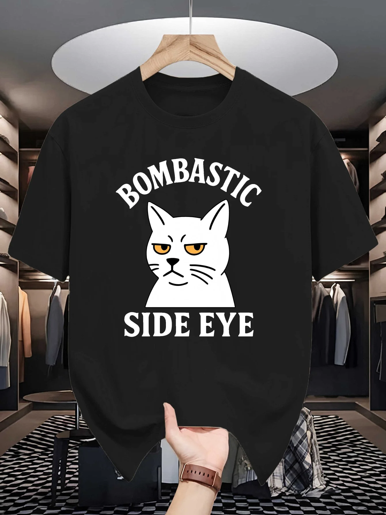 Funny Side Eye White Cat Graphic Mens Crew Neck T Shirt Bombastic Text Print Short Sleeve Casual Cotton Daily Summer Tops