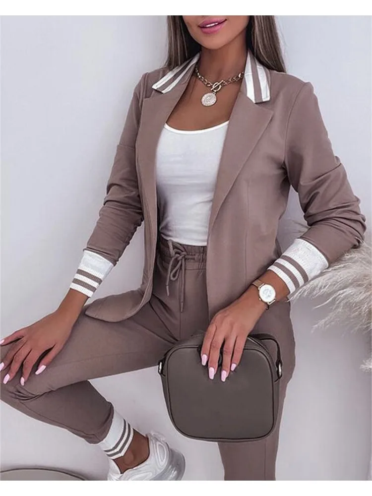 Elegant Two Piece Sets Womens Outifits Fashion Autumn Long Sleeve Coats Drawstring Pants 2024 Stripe Print Suit Ladt Officewear