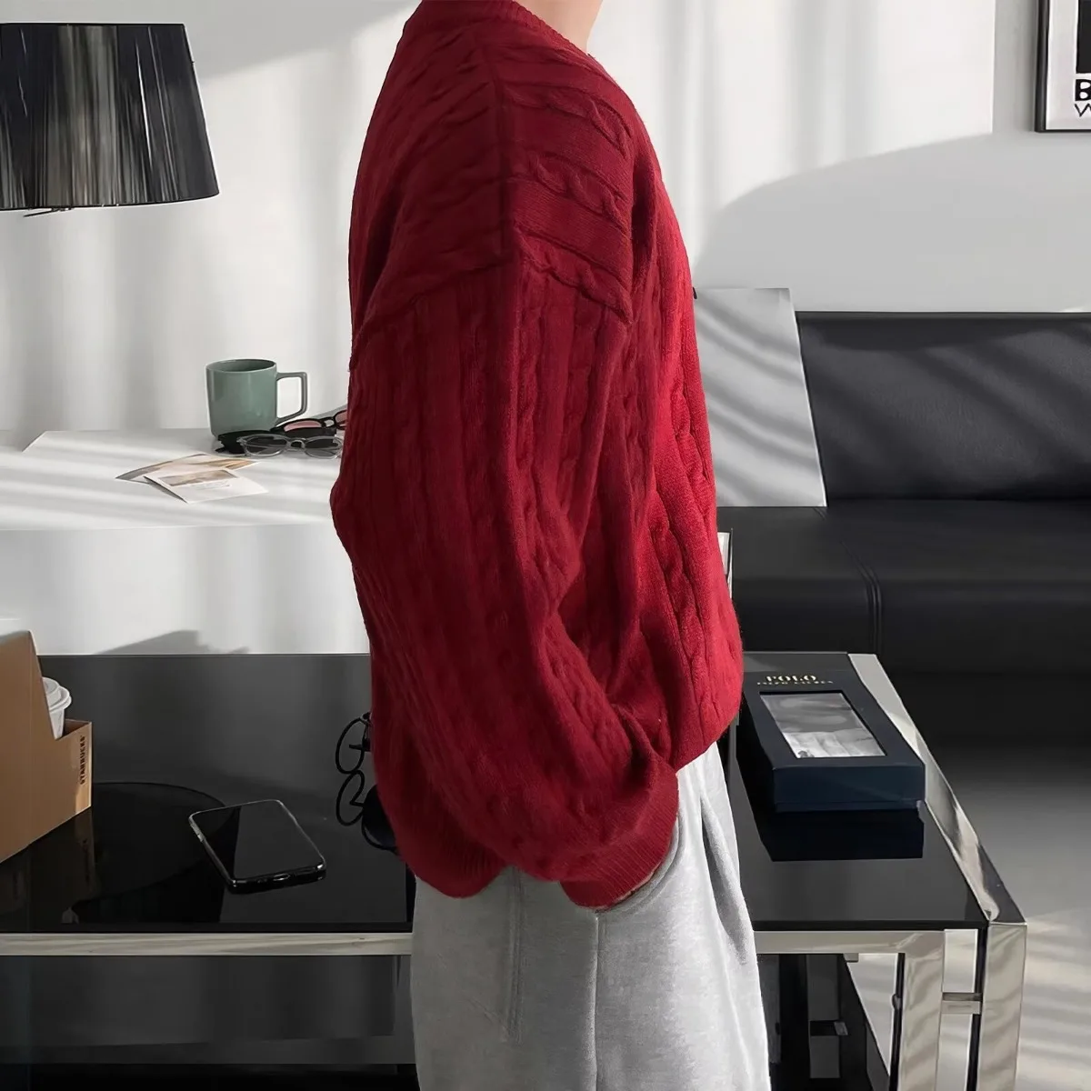 Retro Trendy Men's Knitted Sweater Loose Fit round Neck Twist Red Color Autumn Winter Casual Versatile Couple's Sweater