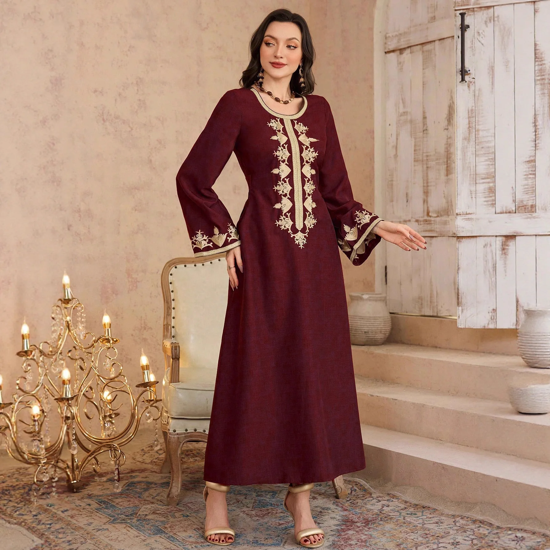 

Элегантное женское платье-кафтан с вышивкой золотой нитью, мусульманское модное платье-абайя, джалабия, летнее платье-роба, 2026