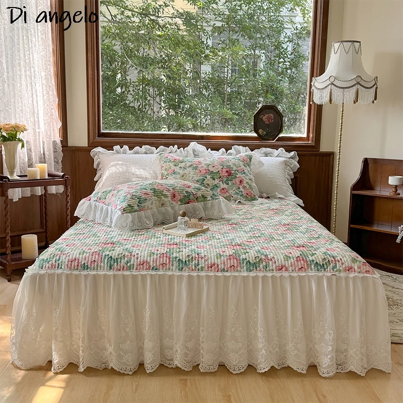 American Style Embroidery Cotton Lace Thickened Quilting Bed Skirt, Bedspread Pillowcase, Mattress Cover, Double Home Textile #/