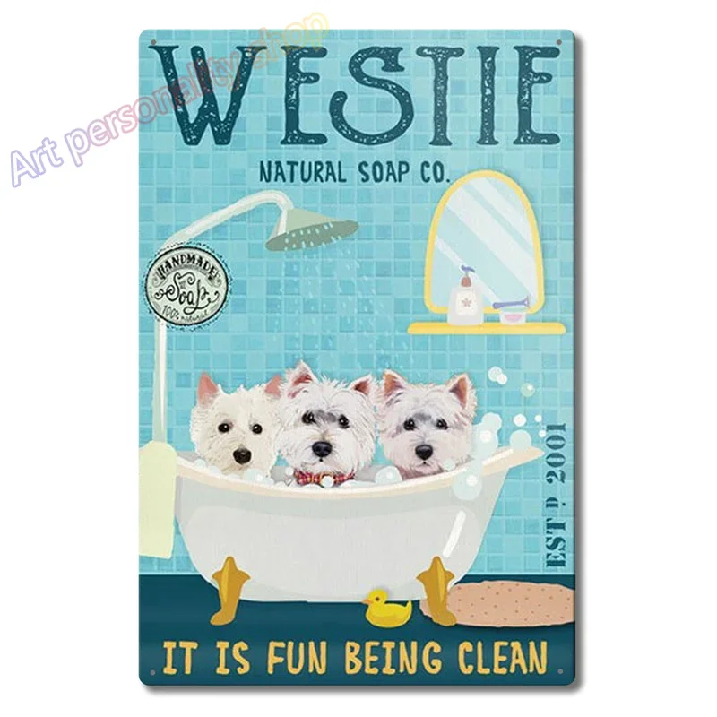 Dog Retro Metal Tin Sign Westie Co.Bath Soap Funny Poster Cafe Bathroom Toilet Home Art Wall Decoration Plaque Gift 8X12inch