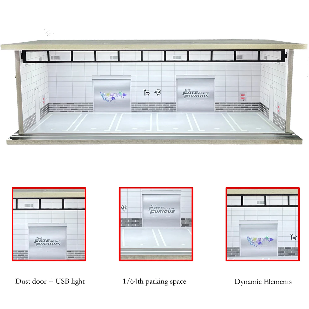 Auto-Garage-Diorama im Maßstab 1:64, mit USB-LED-Licht, realistische Parkplatz-Vitrine für Modellautos und Miniaturfahrzeuge – Detail 24