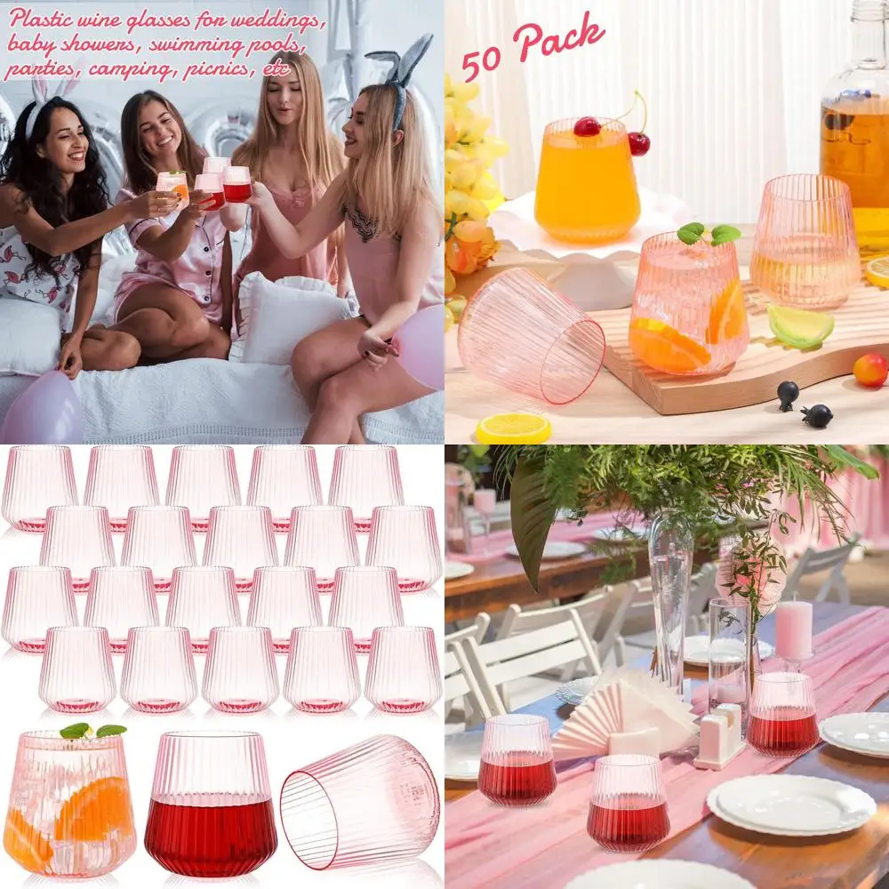 

Unbreakable 14oz Pink Stemless Wine Glasses - Elegant Ribbed Design for Outdoor & Indoor Parties, Perfect for Christmas, Wedding
