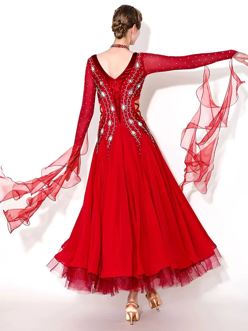 Standard Waltz Dance Dress Adult Red Shiny Diamond Tango Ballroom Competition Dancing Costume Women's Ballroom Dance Dresses