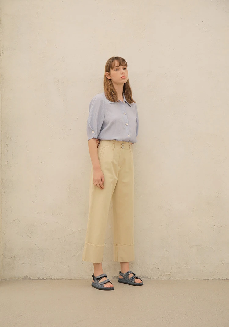 퓨어 코튼 하이 웨이스트 스트레이트 레그 와이드 레그 팬츠 다목적 턴업 캐주얼 바지 한국 스타일 통근 바람 여름 202