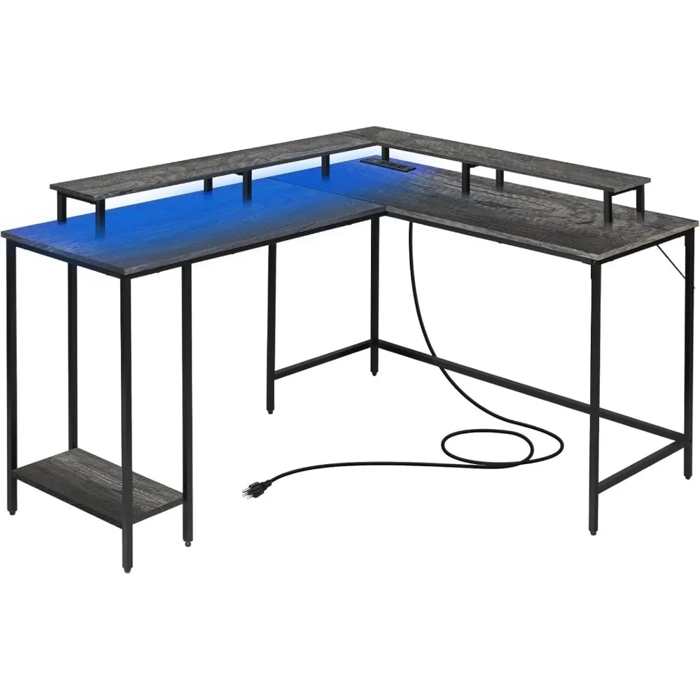 LED Lights and Power Outlet, Reversible Corner Office Desk with Monitor Stand, L Shaped Gaming Desk