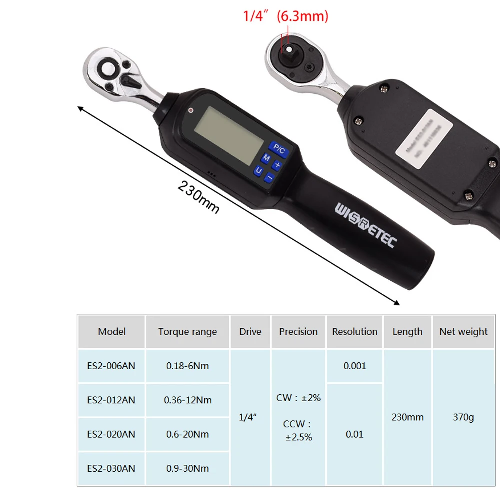 1/4 3/8 1/2 Inch Handheld Portable Digital Torque Wrench Large Screen with Backlight Sound LED Alarm Real-time Peaks Measurement