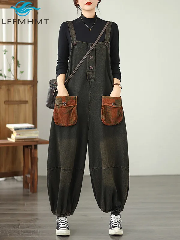 

Autumn Women Casual Denim Overalls Spring Fashion Retro Embroidery Ethnic Jeans Female Stretch Waist Loose Fit Wide Leg Pants