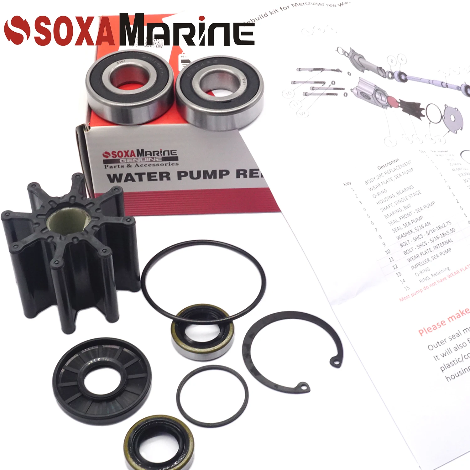 

Soxa Marine Repair kit Fit for Mercruiser Bravo Raw Water Pump 46-807151A9 807151A12 W/ Impeller