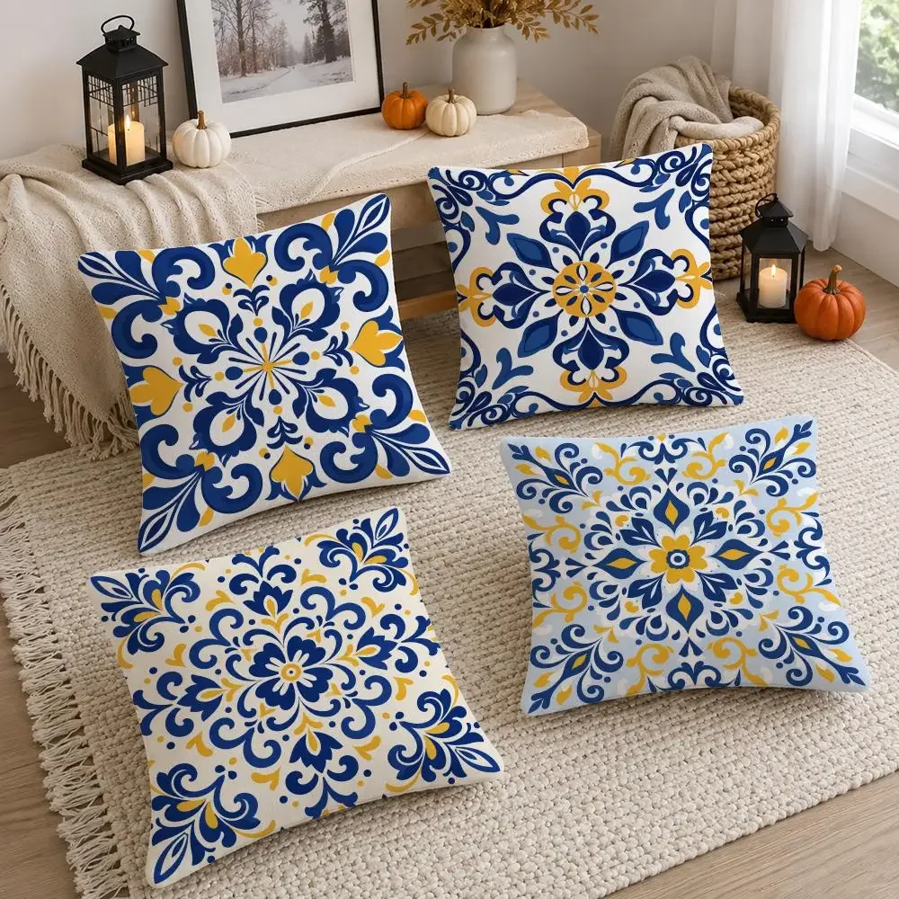Pattern Portuguese Azulejo Style Cushion Cover Soft Fluffy Short Plush  Pillow Case Home Decor