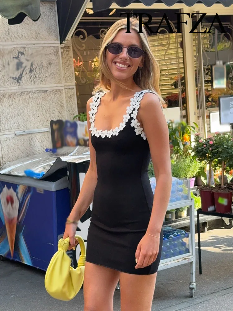 TRAFZA Female Summer Sexy Slim Dress 2 Color Solid Square Collar Sleeveless Backless Flower Decoration Women's Fashion Dresses image 2