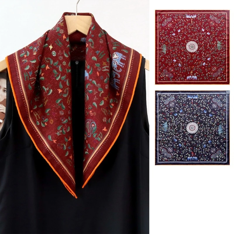 Persian Little Elephant Silk Wool Square Scarf Double Sided Different Color Women Versatile Mulberry Silk Shawl Neck Wrap