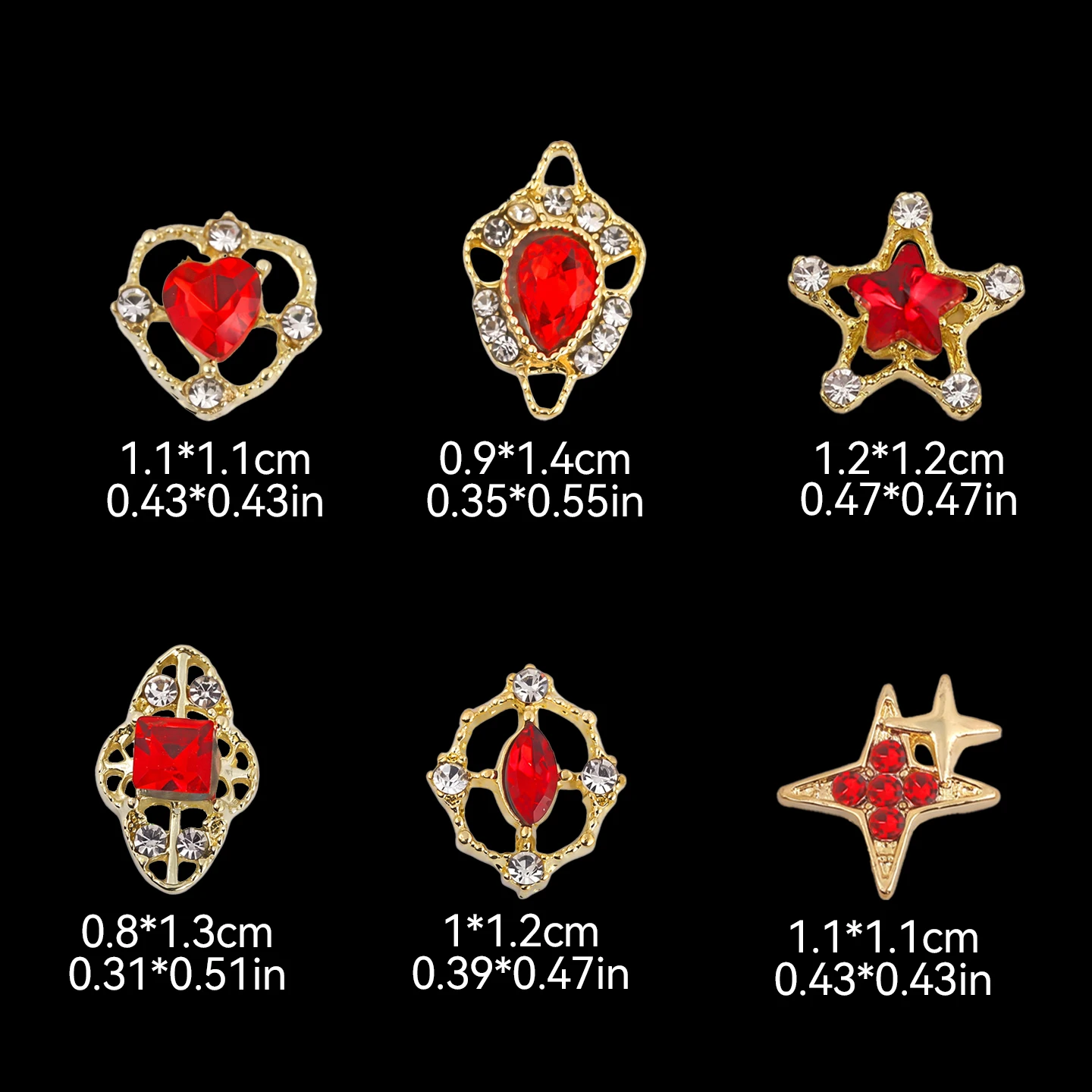 6 Grids Vintage Sparkling Red Crystal Nail Charms Luxury 3D Gold Color Star Sparkly Heart Shape Nails Art DIY Accessories Parts