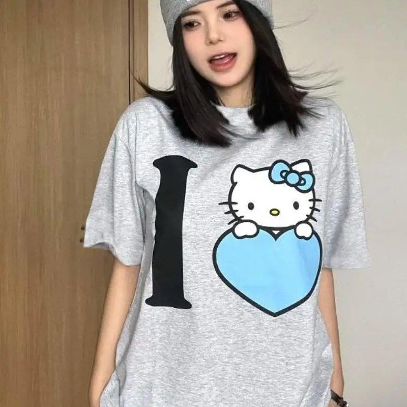 

Sanrios летняя футболка с короткими рукавами с героями мультфильмов «Hello Kitty», свободная футболка с круглым вырезом, удобная, дышащая, милая, модная, элитные подарки