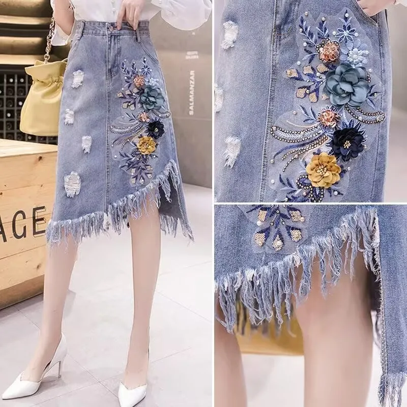 Women Embroidered Flowers Tassel Denim Skirt Female 2025 Summer High-waist A-Line Beading Flowers Light Blue Dress Elegant Skirt