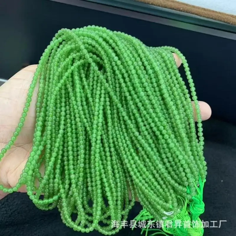Approximately 3Mm Buddha , Bright Green Hotan Jade Small Beads With Chain